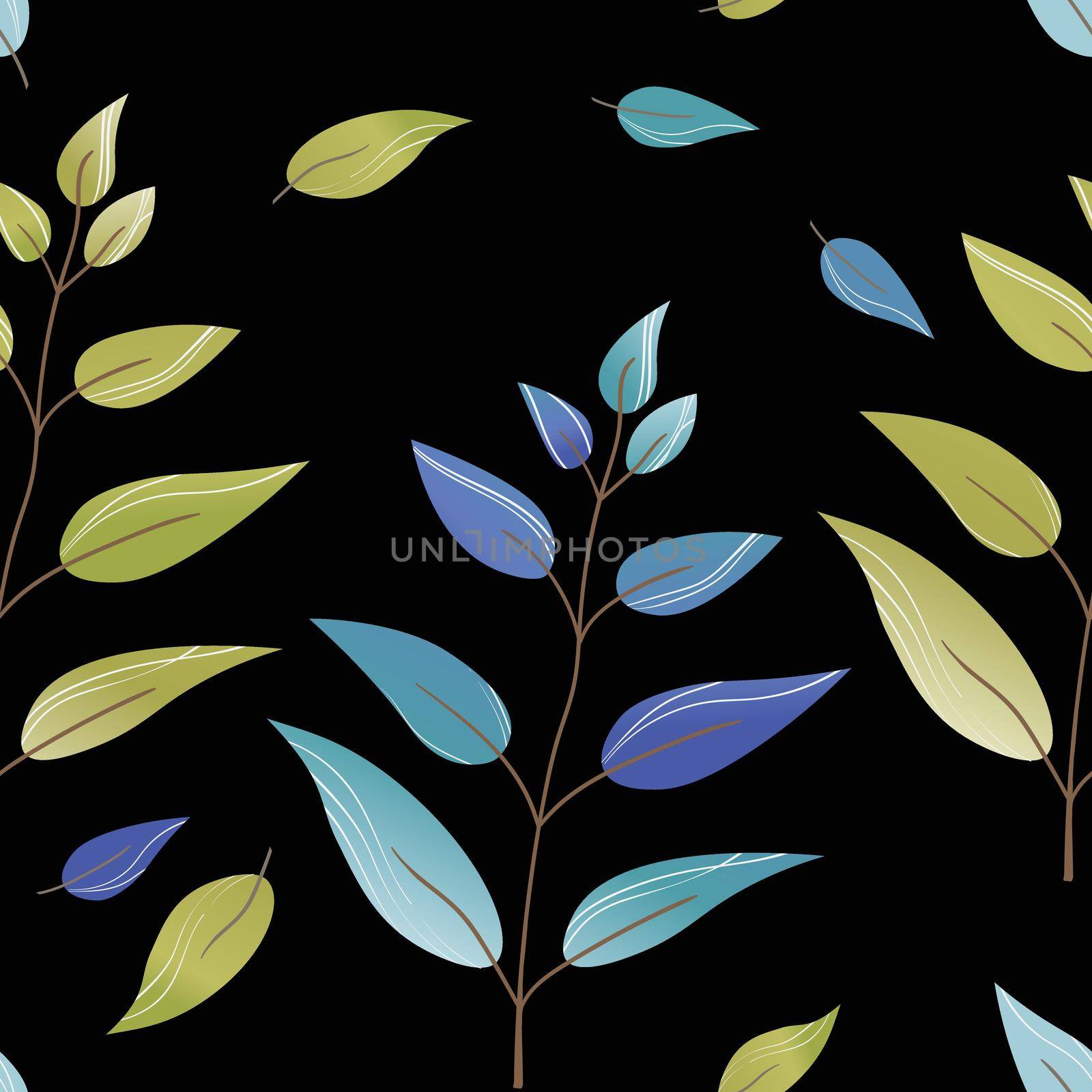 Floral seamless pattern with hand drawn gradient color leaves. Cute autumn black background. Tropic green branches. Modern floral compositions. Fashion vector illustration.