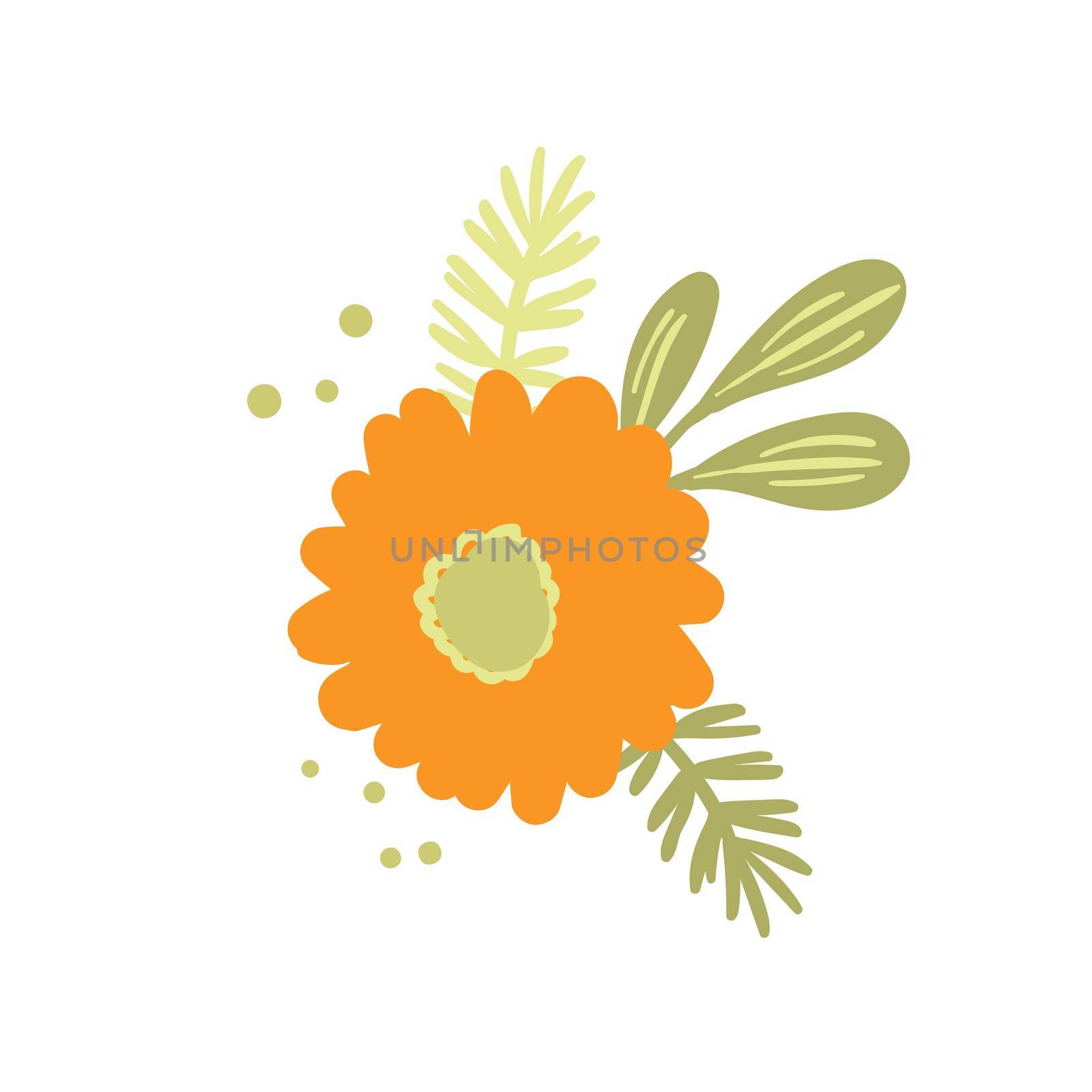 Floral set based on traditional folk art ornaments. Isolated orange and green flowers. Scandinavian style. Sweden nordic style. Vector illustration. Simple minimalistic nature element by allaku