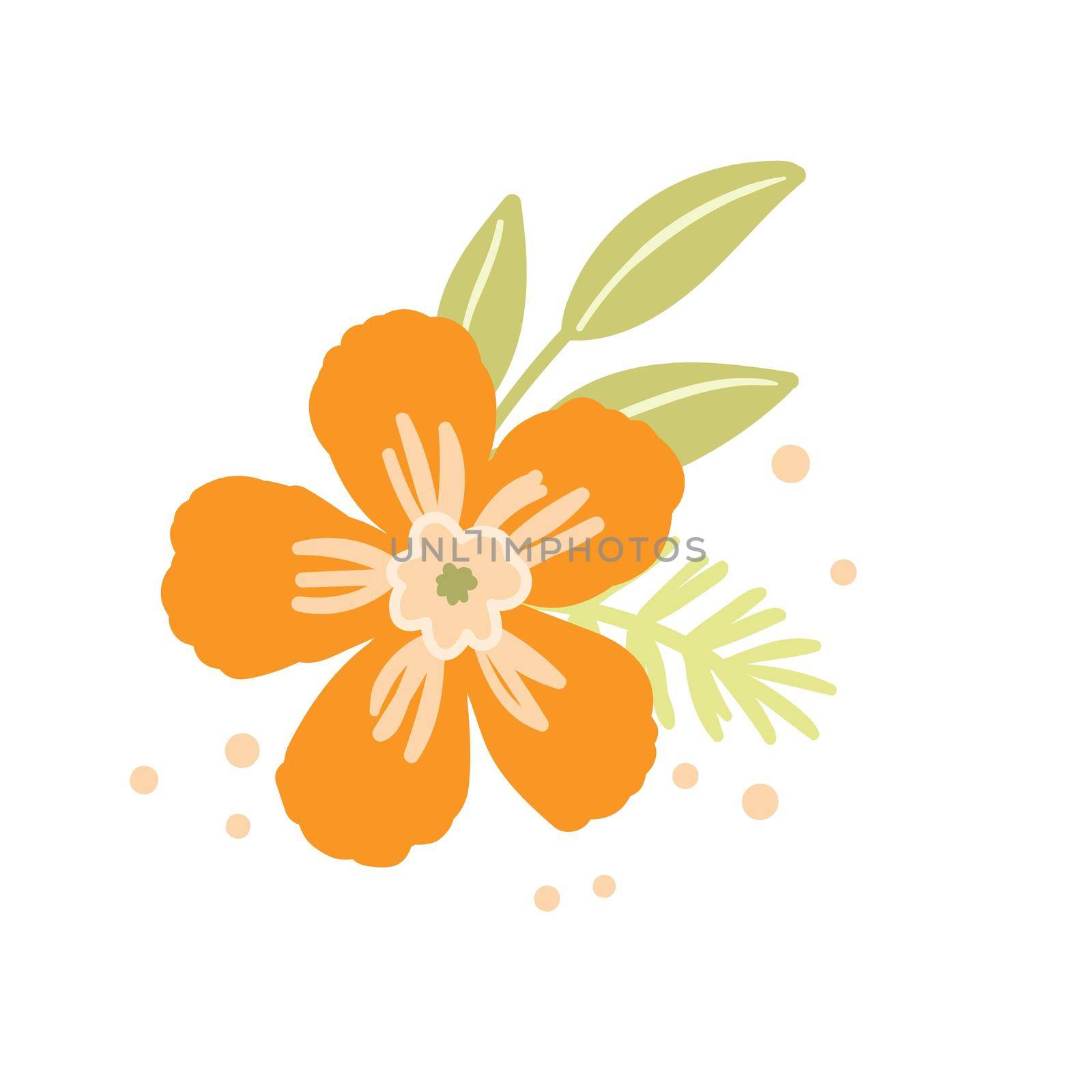 Floral set based on traditional folk art ornaments. Isolated orange and green flowers. Scandinavian style. Sweden nordic style. Vector illustration. Simple minimalistic nature element by allaku