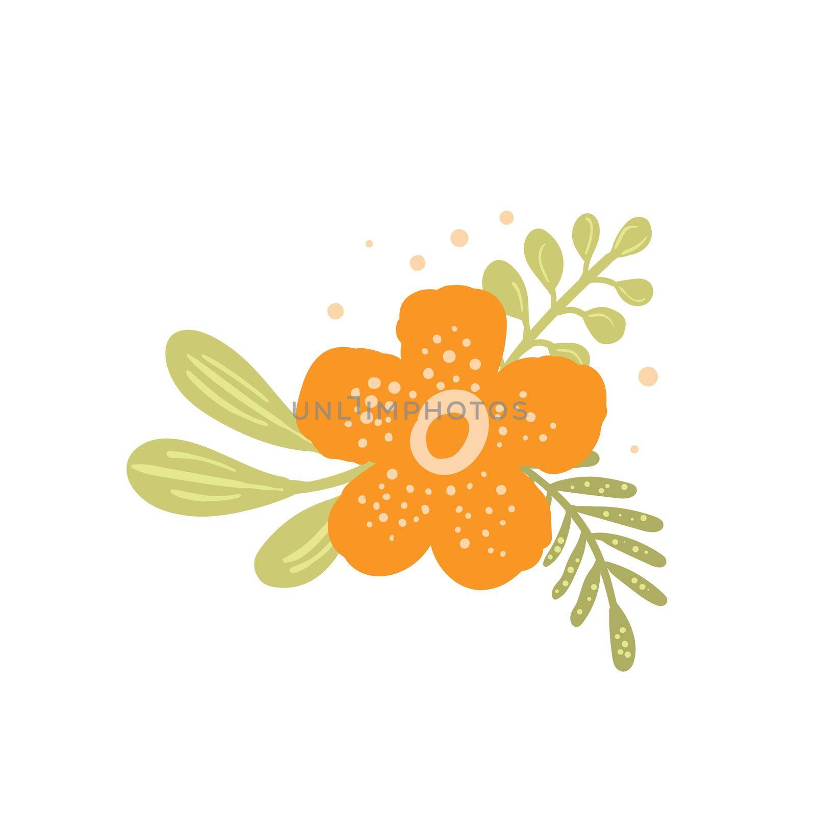 Floral set based on traditional folk art ornaments. Isolated orange and green flowers. Scandinavian style. Sweden nordic style. Vector illustration. Simple minimalistic nature element.
