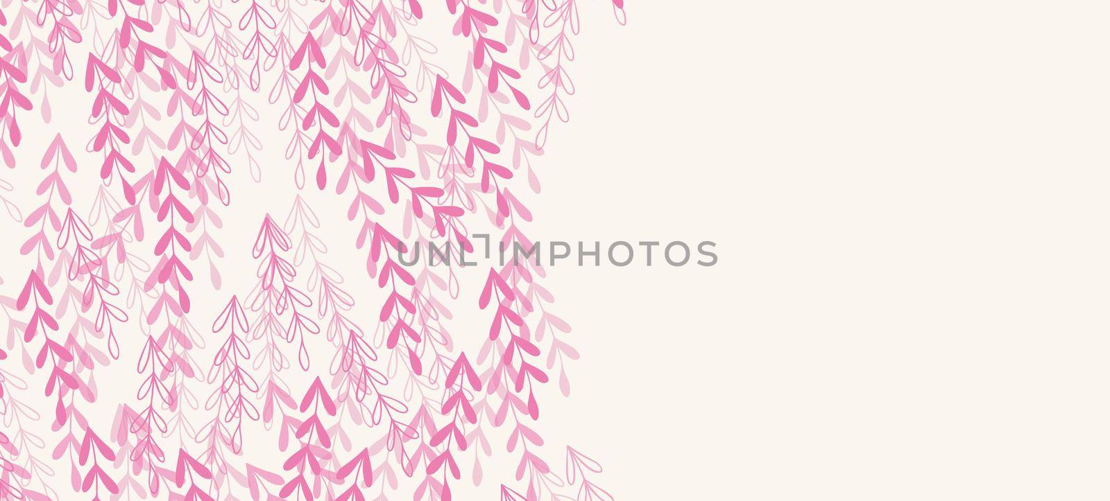 Floral web banner with drawn pink exotic leaves. Nature concept design. Modern floral compositions with summer branches. Vector illustration on the theme of ecology, natura, environment.