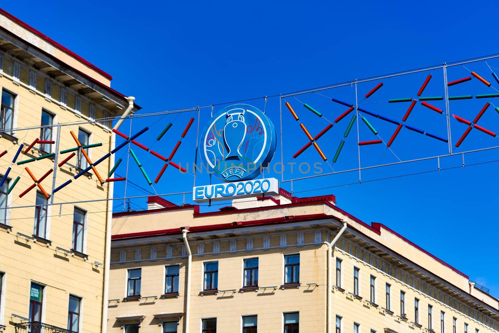 Saint Petersburg, Russia - June 10, 2021: Emblem of the Euro 2020 championship hangs over Nevsky Prospekt in Petersburg