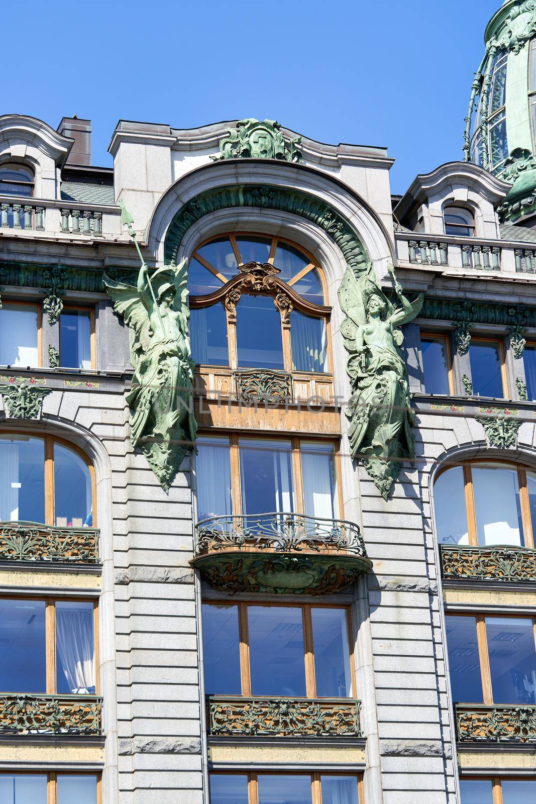 View of architectural details of the famous Singer House Building in St. Petersburg. House of Books city landmark
