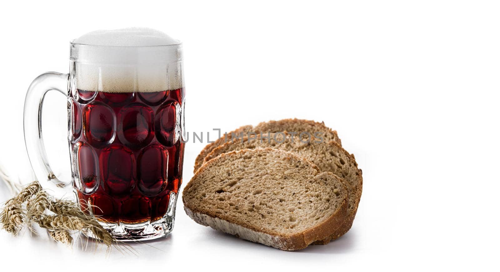 Traditional kvass beer mug with rye bread isolated on white background
