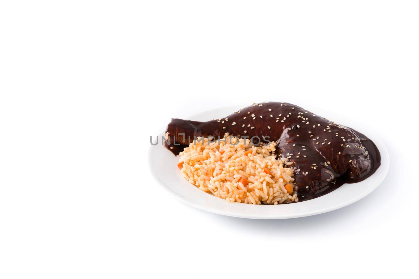 Traditional mole Poblano with rice plate close up