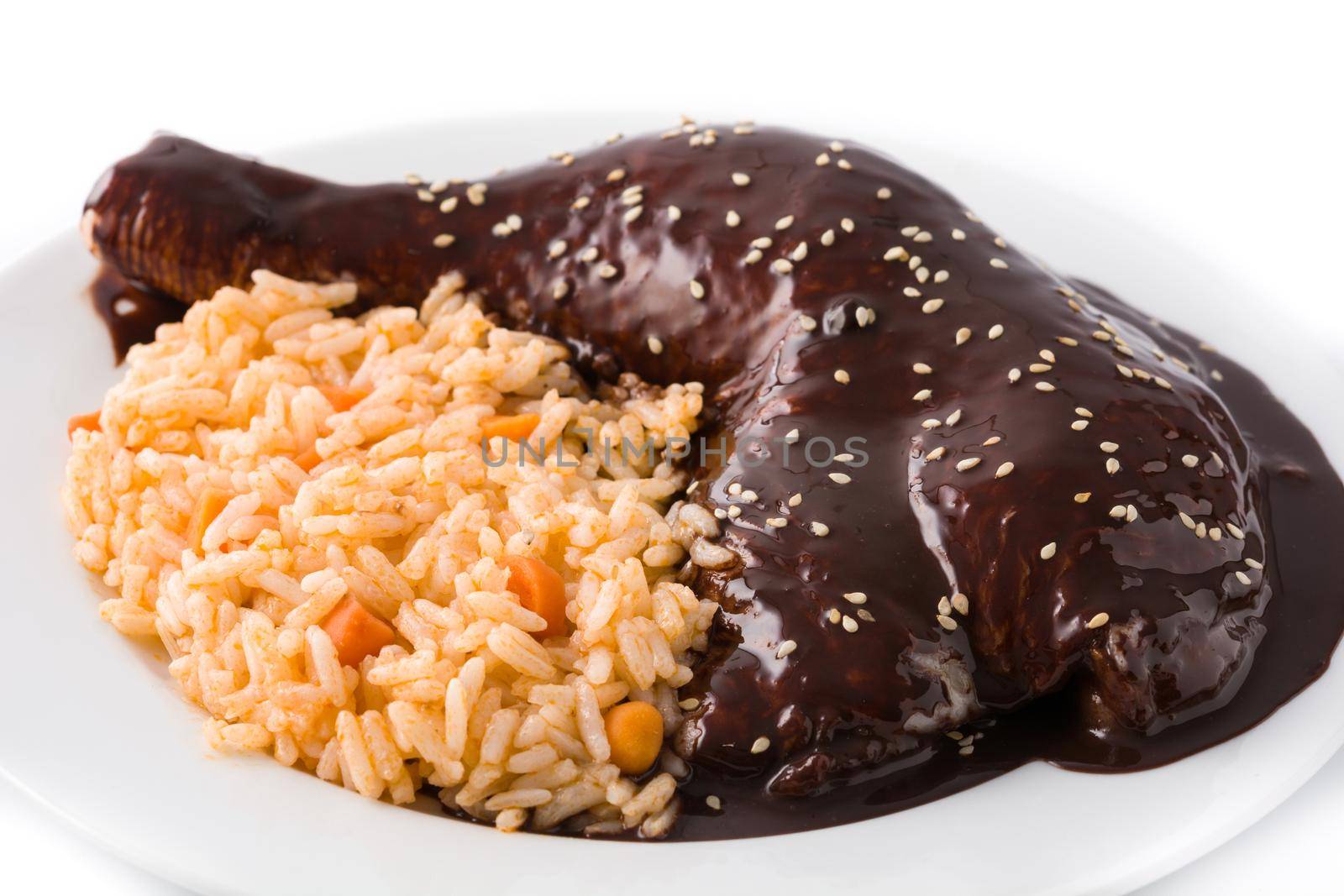 Traditional mole Poblano with rice plate by chandlervid85