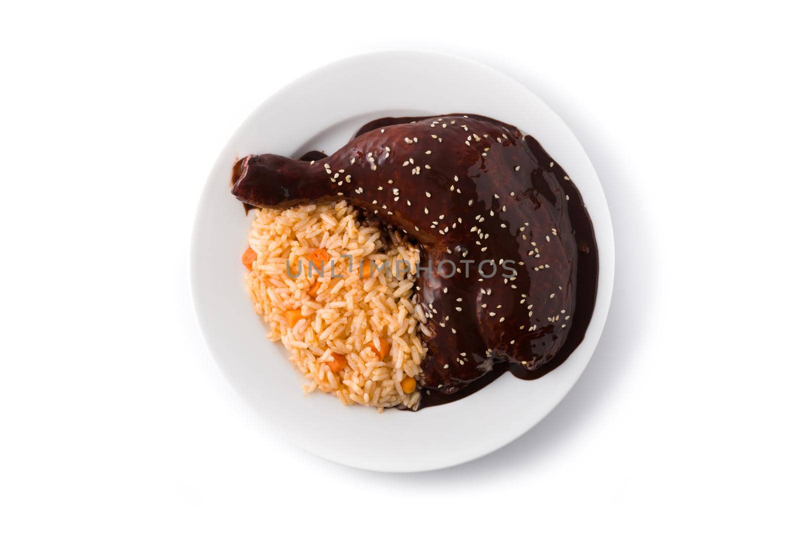 Traditional mole Poblano with rice plate close up