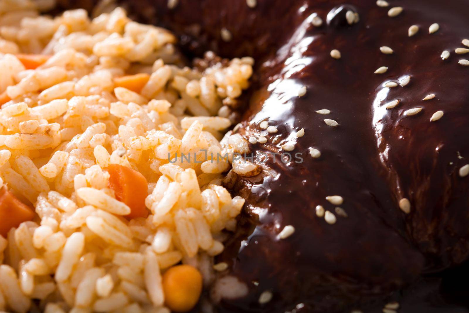 Traditional mole Poblano with rice on white plate background