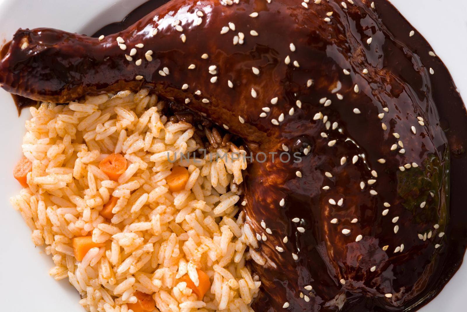 Traditional mole Poblano with rice on white plate closeup