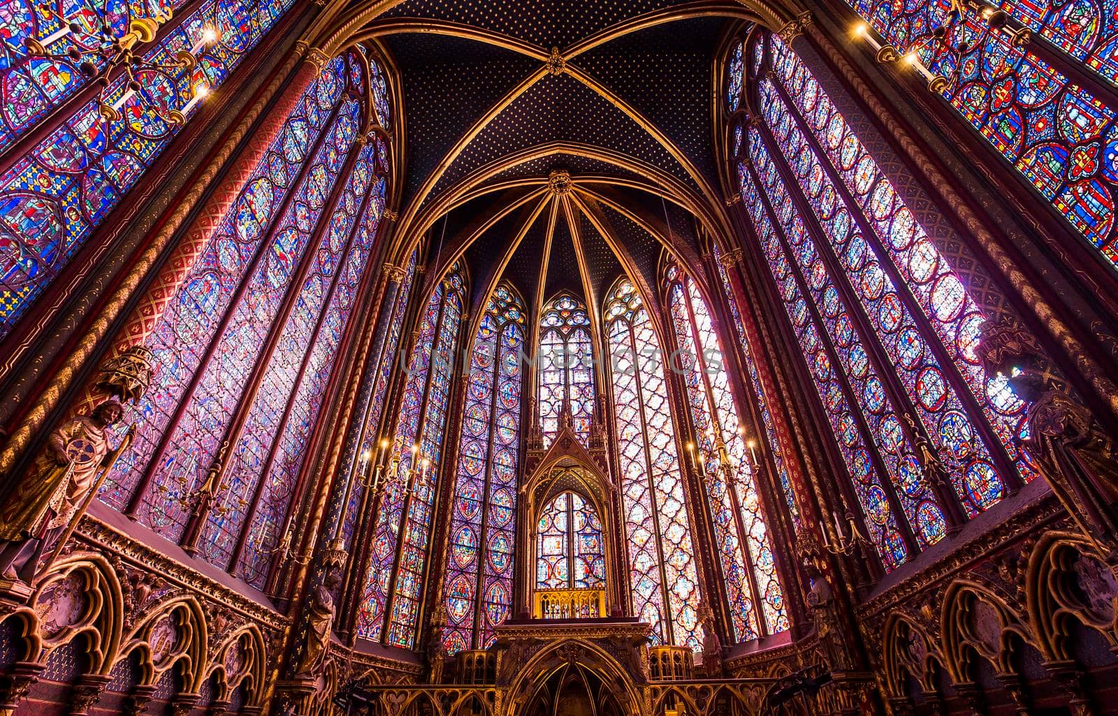 PARIS, FRANCE, MARCH 16, 2017 : Interiors and architectural details of the Sainte Chapelle church, built in 1239, march 16, 2017 in Paris, France.