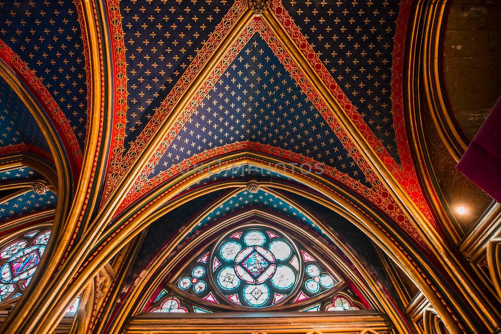 PARIS, FRANCE, MARCH 16, 2017 : Interiors and architectural details of the Sainte Chapelle church, built in 1239, march 16, 2017 in Paris, France.