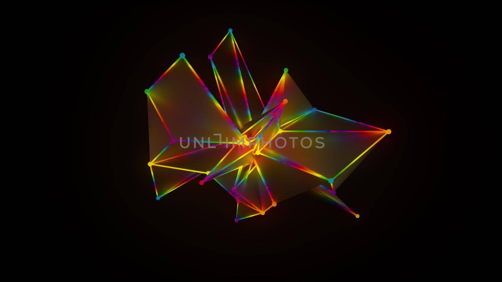 Variable 3d render of futuristic linear ornament. Digital decorative polygonal mesh in abstract minimalistic symmetry. Vibrant techno butterfly with random kaleidoscope lines.