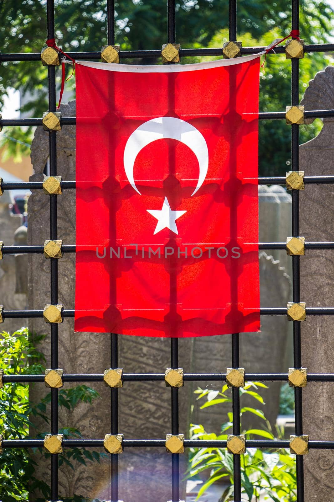 Turkish national flag with white star and moon in view by berkay