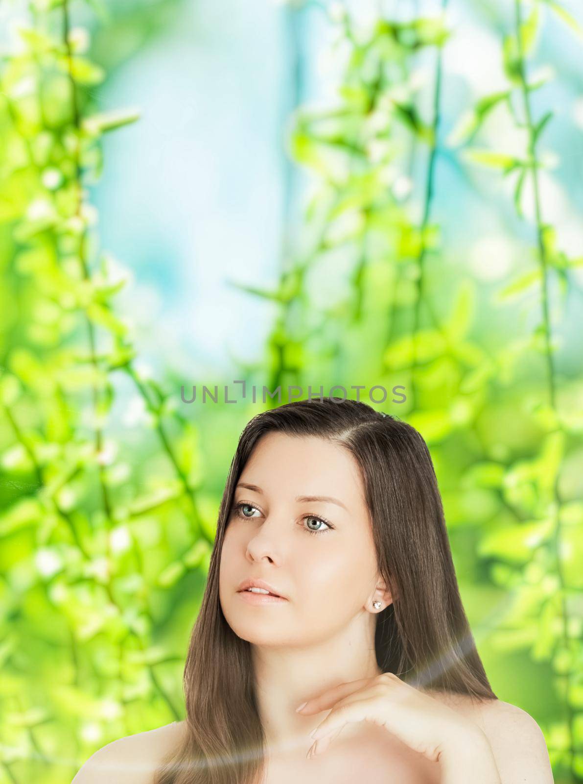 Beauty portrait of young woman for natural skincare and cosmetic brand, spring nature on background as wellness, health and organic beauty concept.