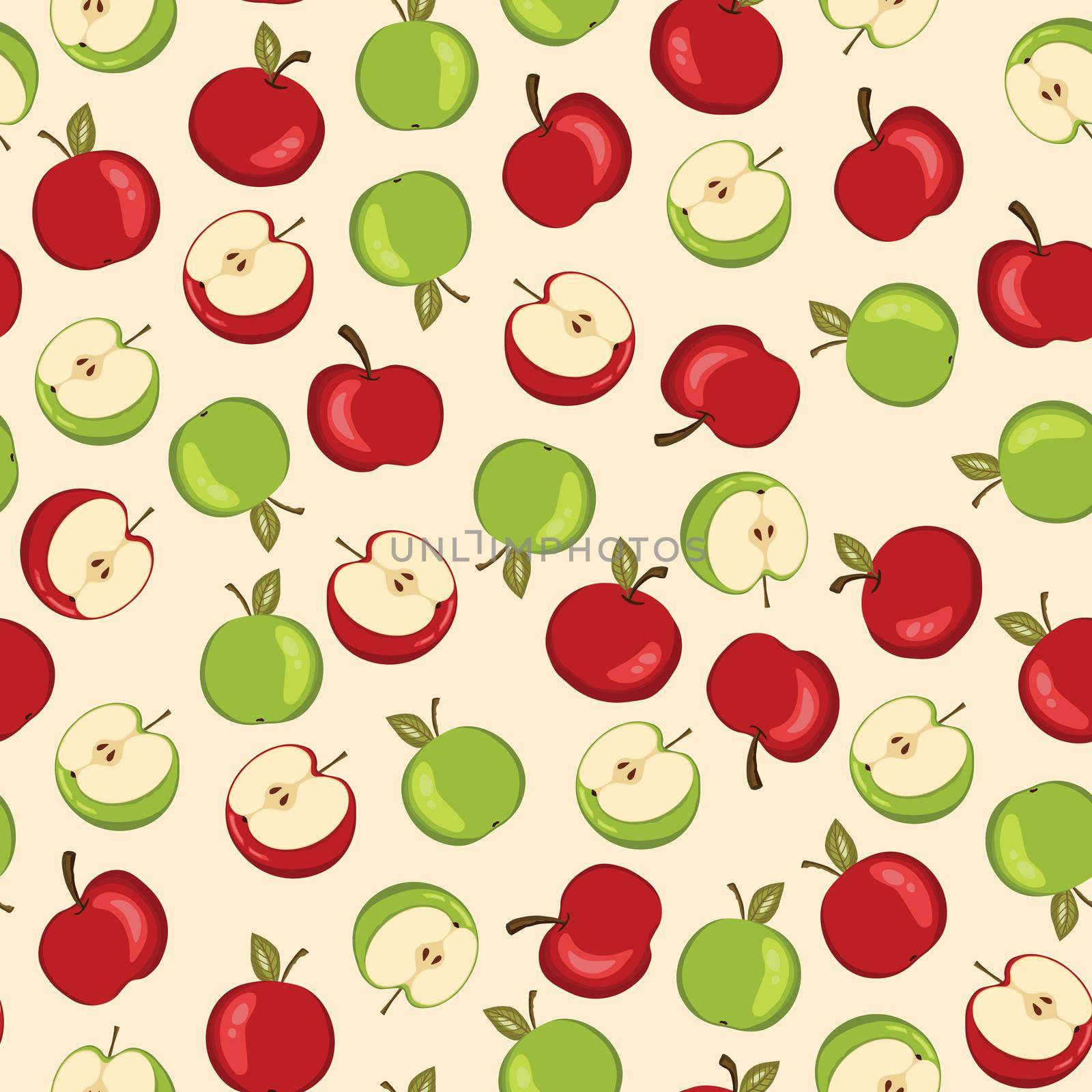 Seamless pattern with apple on white background. Natural delicious fresh ripe tasty fruit. Vector illustration for print, fabric, textile, banner, design. Stylized apples with leaves. Food concept.
