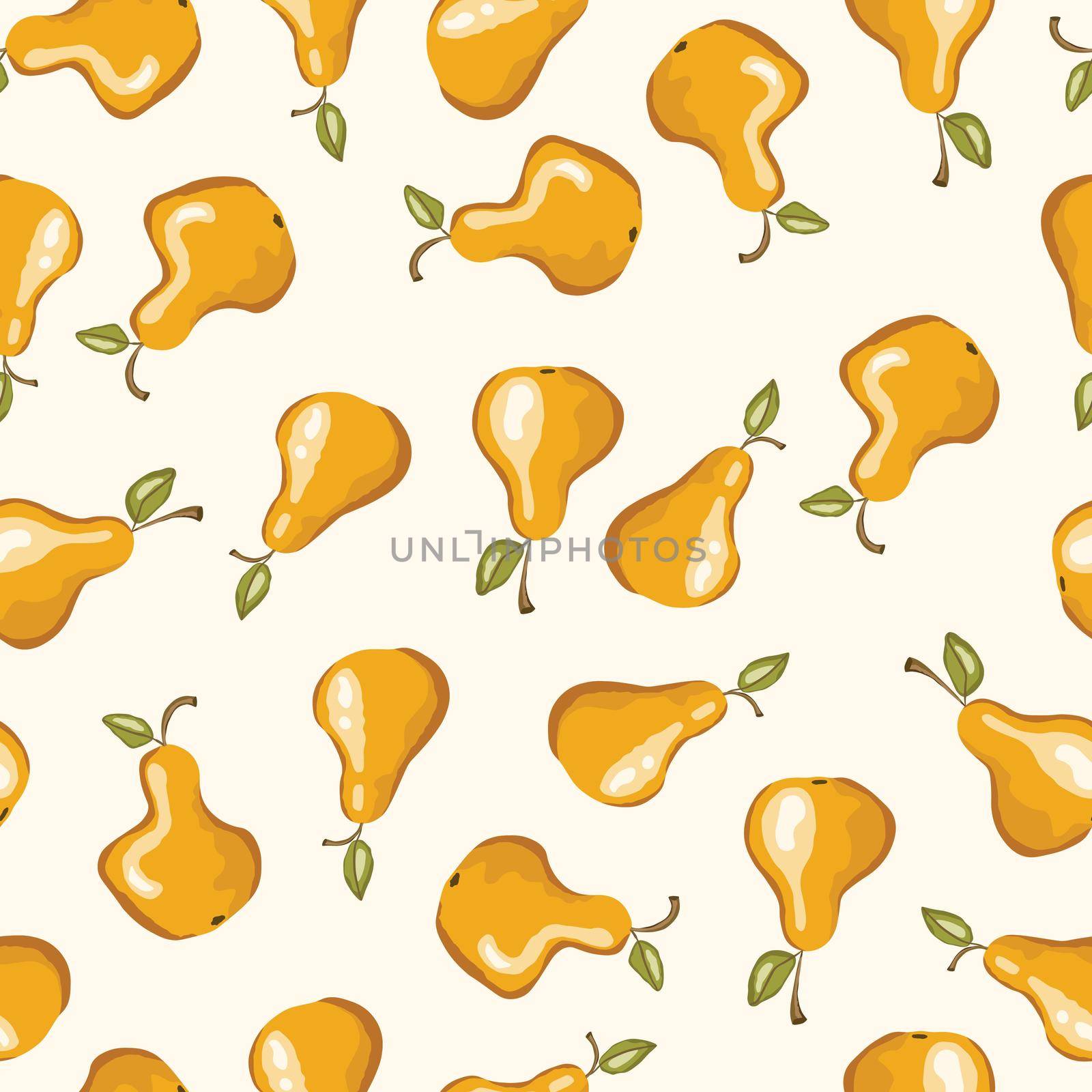Seamless pattern with pear on white background. Natural delicious fresh ripe tasty fruit. Vector illustration for print, fabric, textile, banner, other design. Stylized pears with leaves. Food concept by allaku