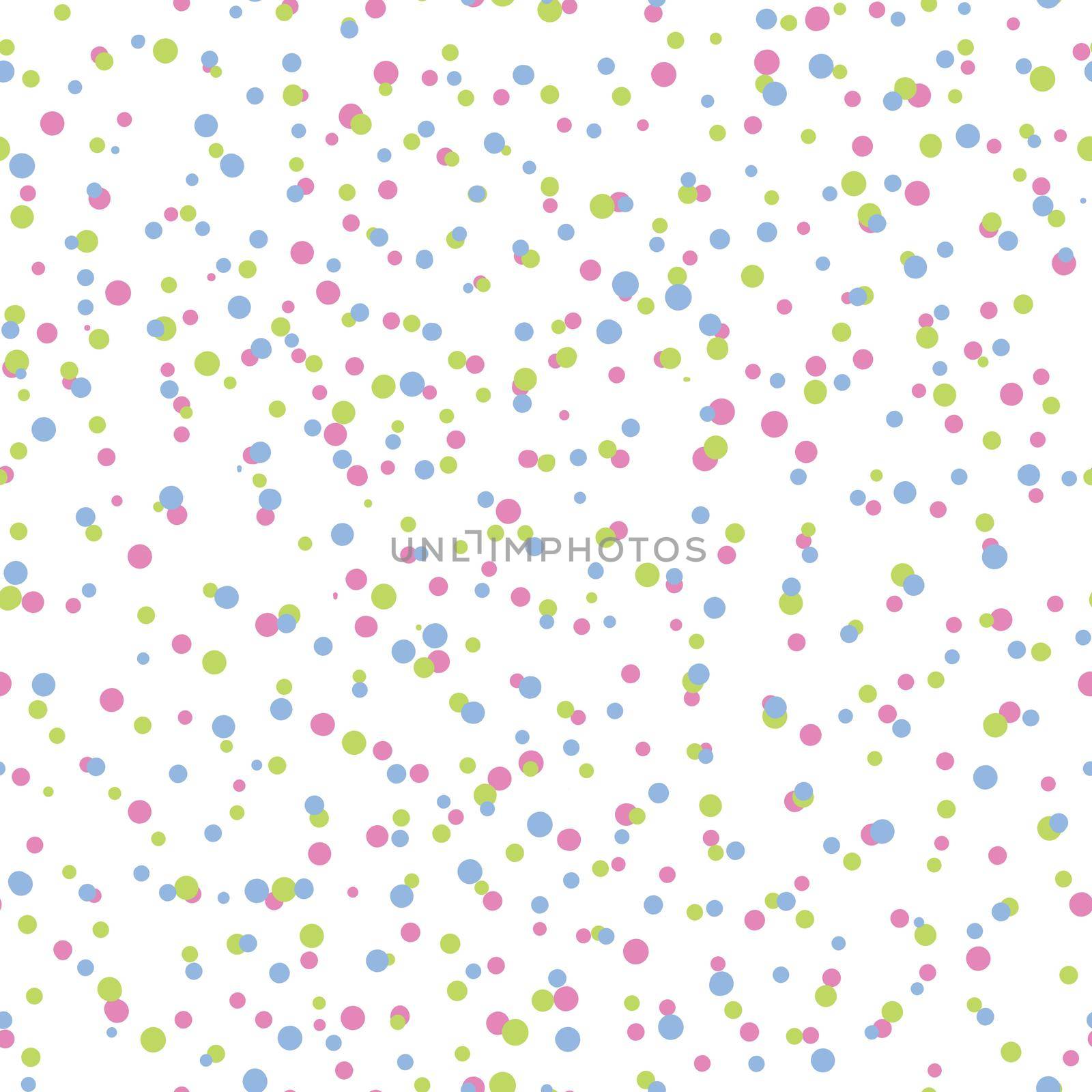 Abstract hand drown polka dots background. White seamless pattern with pink, blue circles. Template design for invitation, poster, card, flyer, banner, textile, fabric by allaku