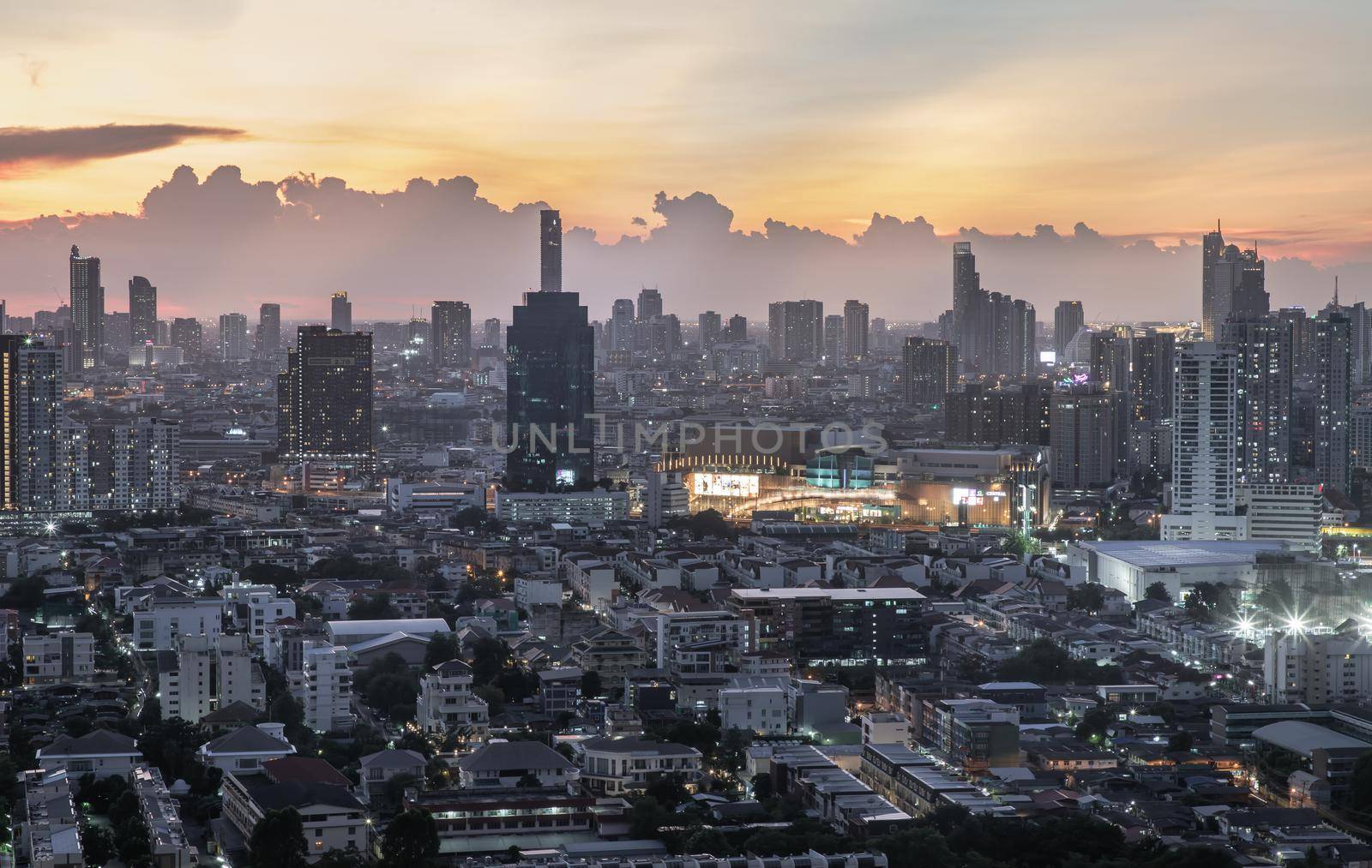 Bangkok, Thailand - Jun 01, 2021: Aerial view of Beautiful scenery view of Skyscraper Evening time Sunset creates relaxing feeling for the rest of the day. Selective focus.