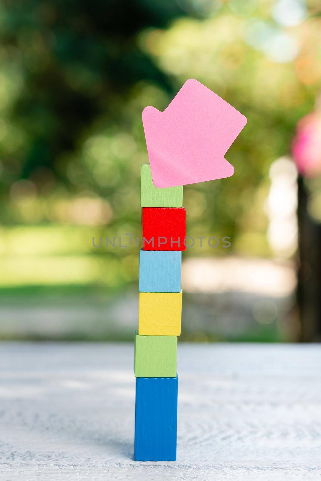 Working Activities Outside, Displaying Colorful Building Blocks, Abstract Planning Different Stages, Calming Refreshing Environment, Embracing Nature, Warm Climate by nialowwa