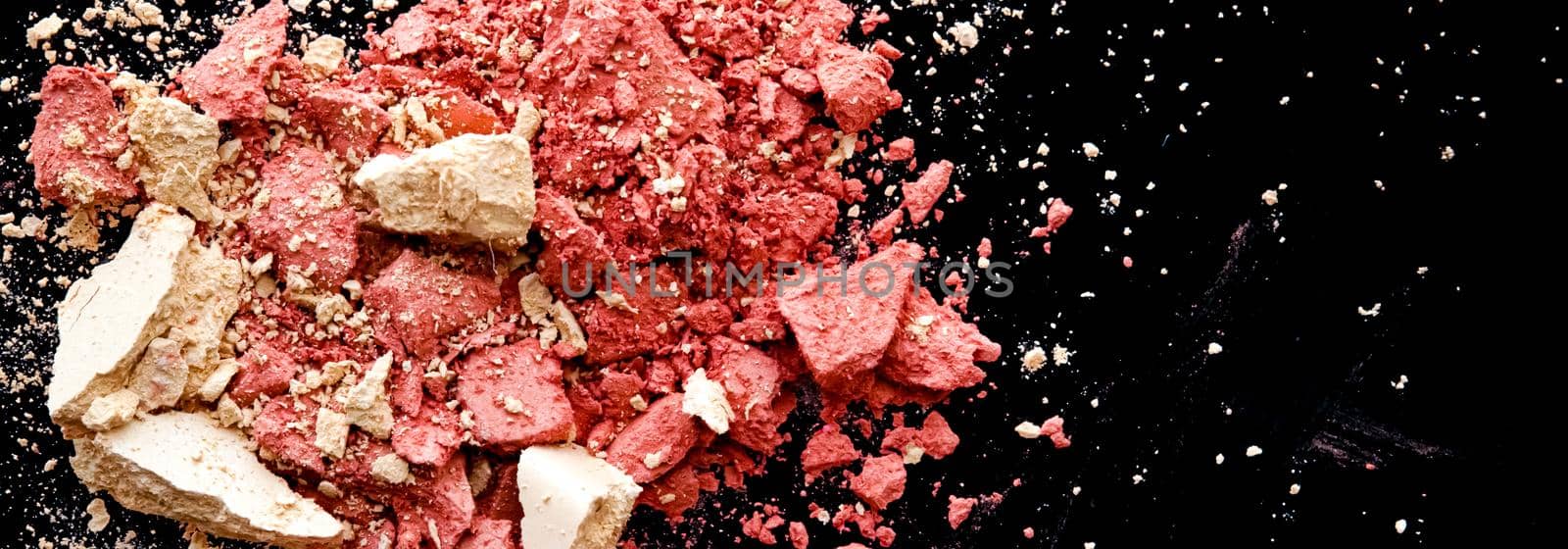 Crushed cosmetics, mineral organic eyeshadow, blush and cosmetic powder isolated on black background, makeup and beauty banner, flatlay design by Anneleven