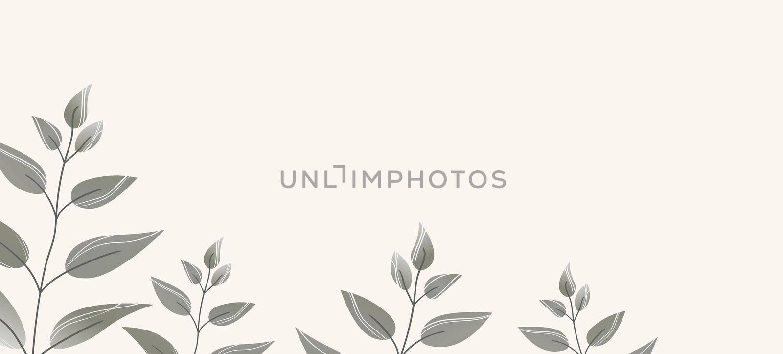 Floral web banner with drawn grey exotic leaves. Nature concept design. Modern floral compositions with summer branches. Vector illustration on the theme of ecology, natura, environment by allaku