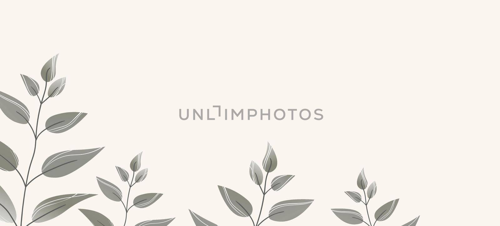 Floral web banner with drawn grey exotic leaves. Nature concept design. Modern floral compositions with summer branches. Vector illustration on the theme of ecology, natura, environment.