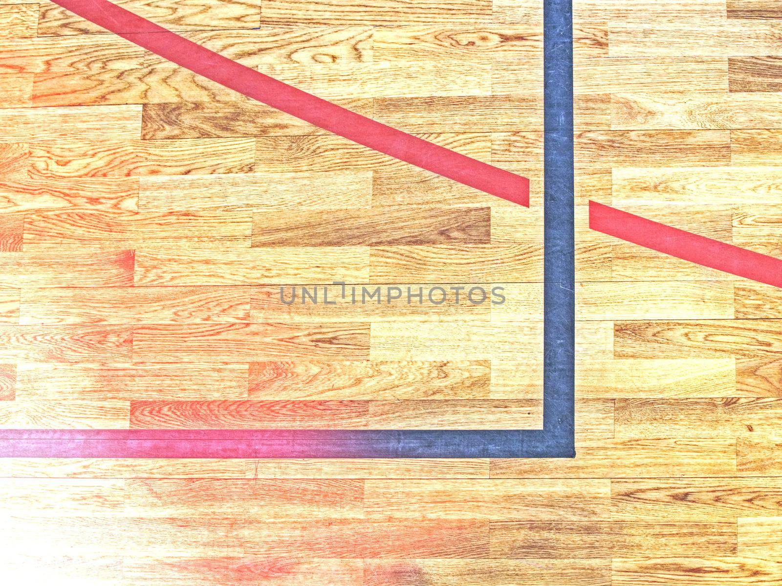 Painted lines and crosses. Wooden floor sports court.  Abstract.