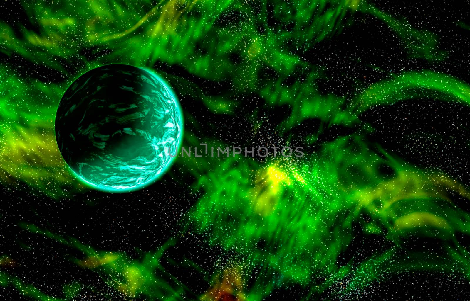 Fantastic green planet and stars in space - 3d rendering
