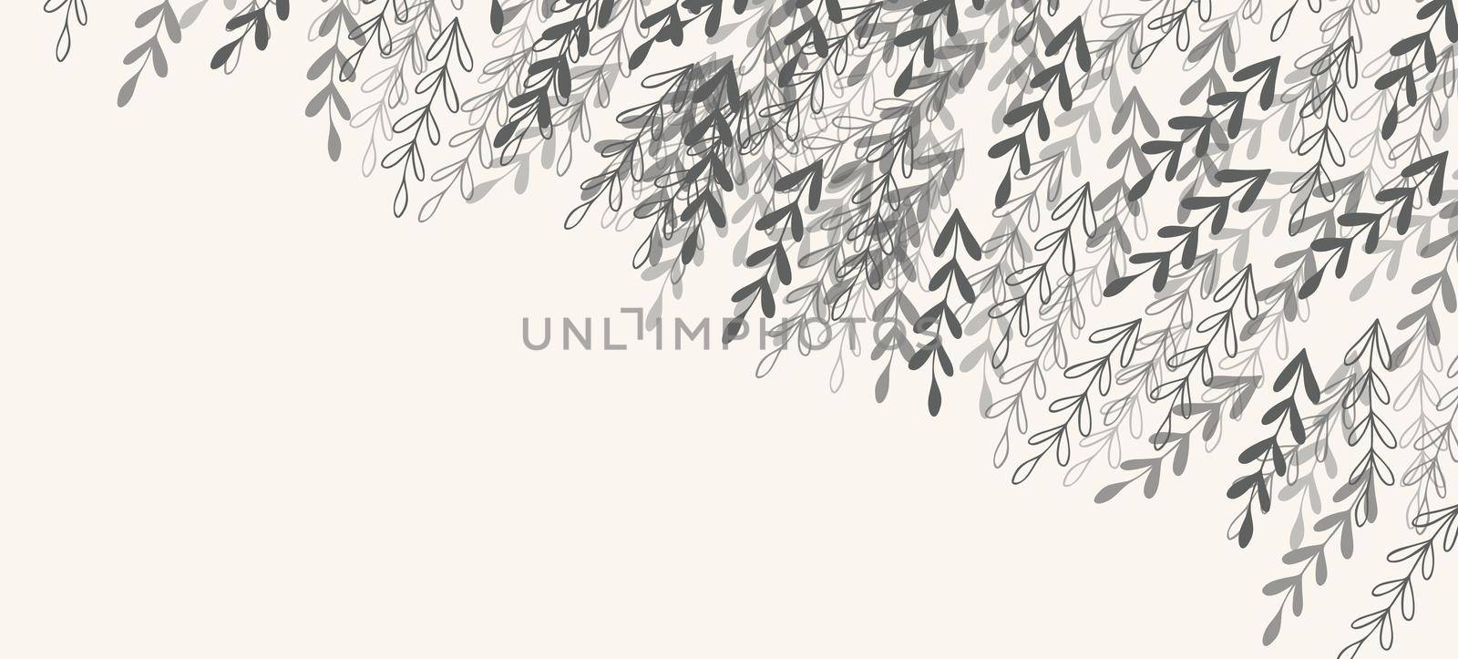 Floral web banner with drawn grey exotic leaves. Nature concept design. Modern floral compositions with summer branches. Vector illustration on the theme of ecology, natura, environment.
