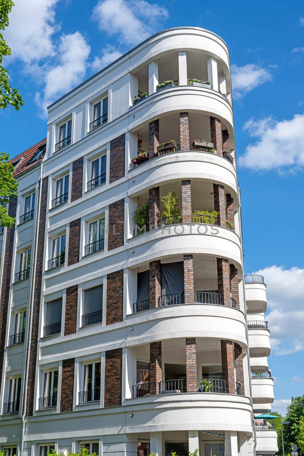 Modern white upscale apartment block seen in Berlin, Germany