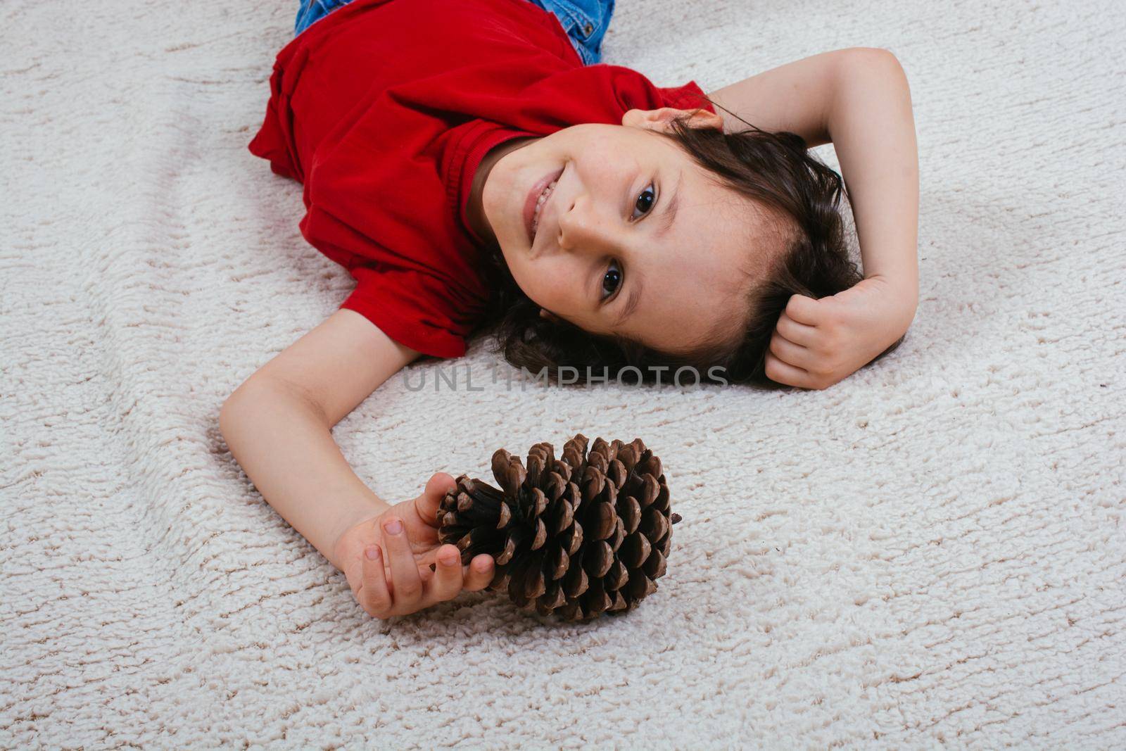 Little boy is holding pine cone in hand on white background