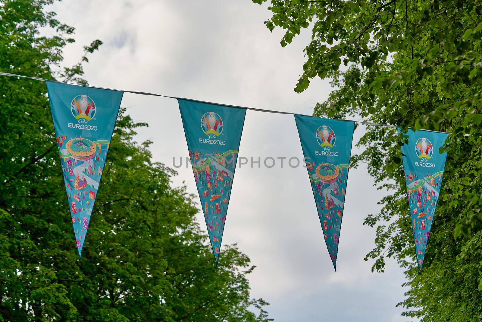 Saint Petersburg, Russia - June 10, 2021: Emblem of Euro 2020 football championship hangs in the city park in St. Petersburg