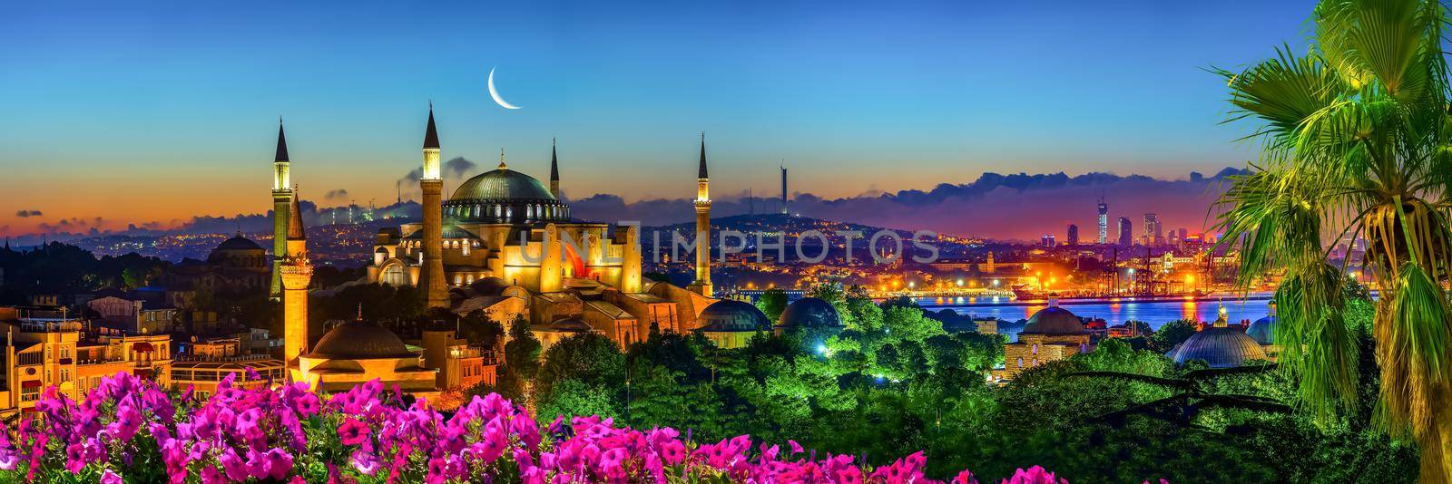 Illuminated Hagia Sophia in summer evening of Istanbul, Turkey