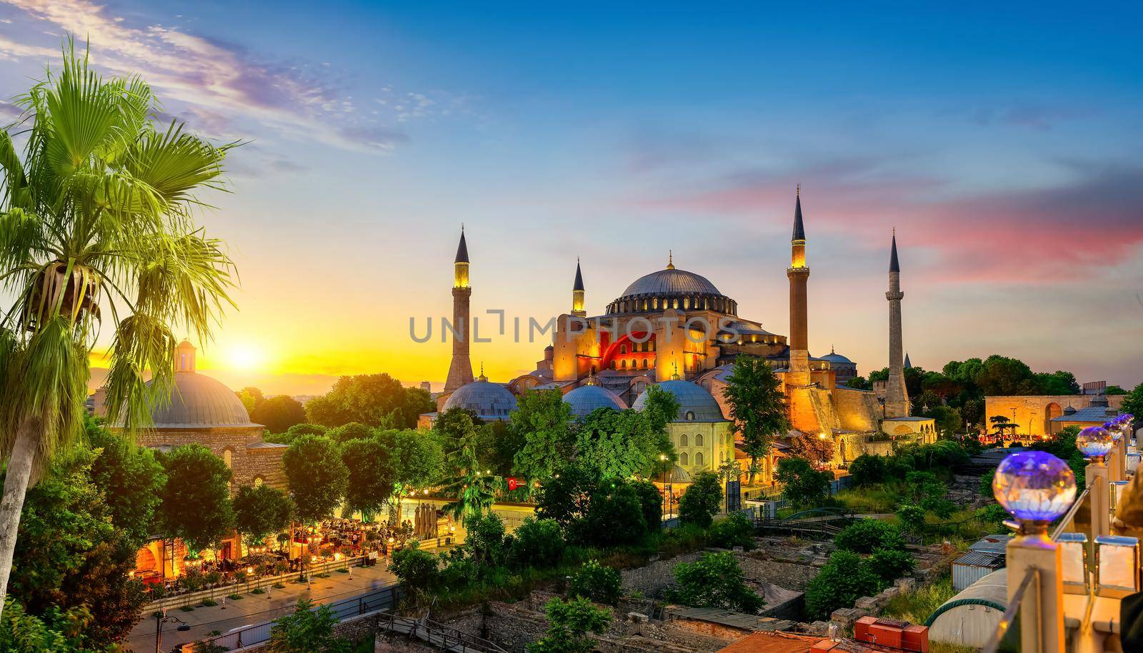 Illuminated Hagia Sophia in summer evening of Istanbul, Turkey