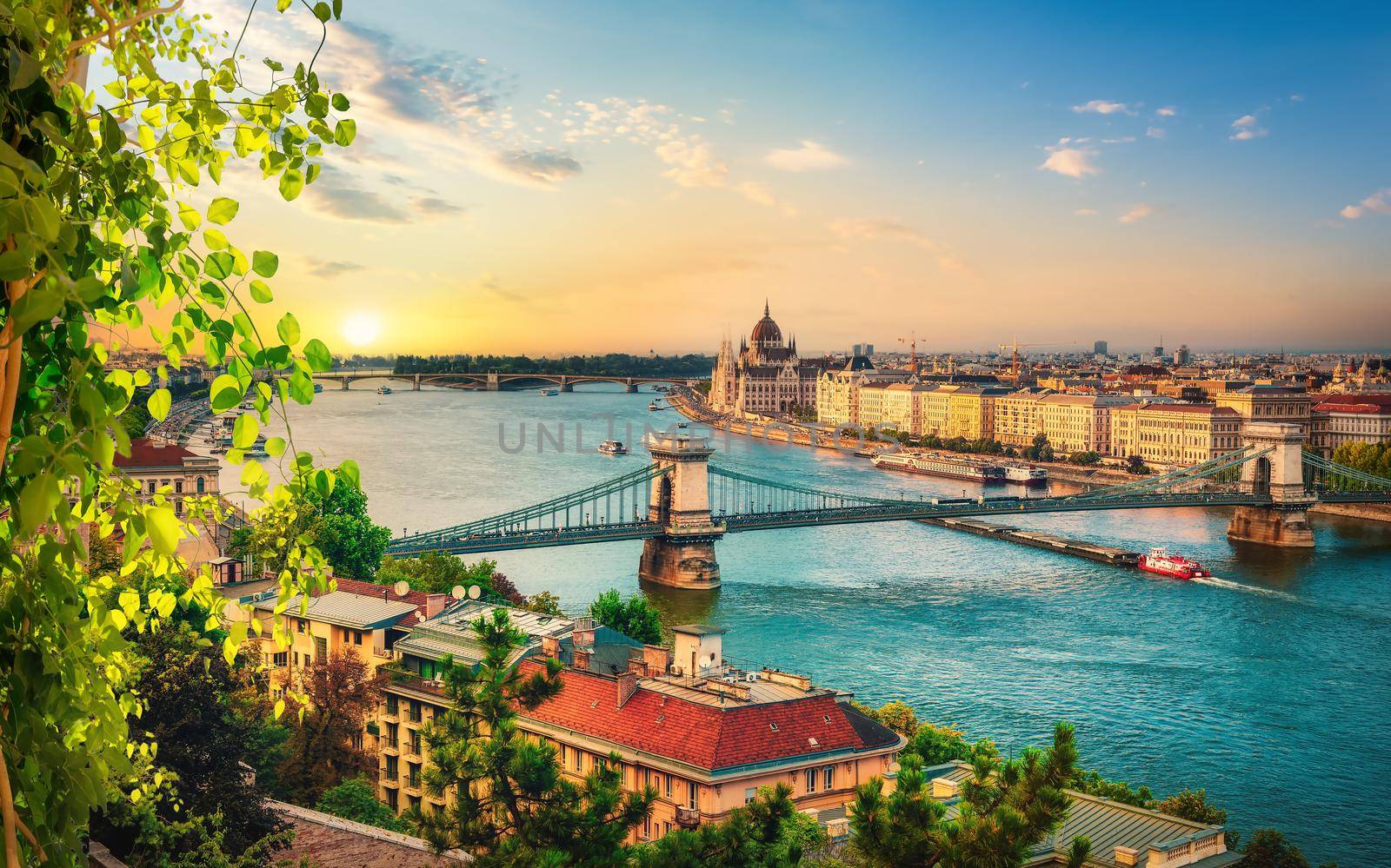 View of Budapest landmarks at beautiful sunset