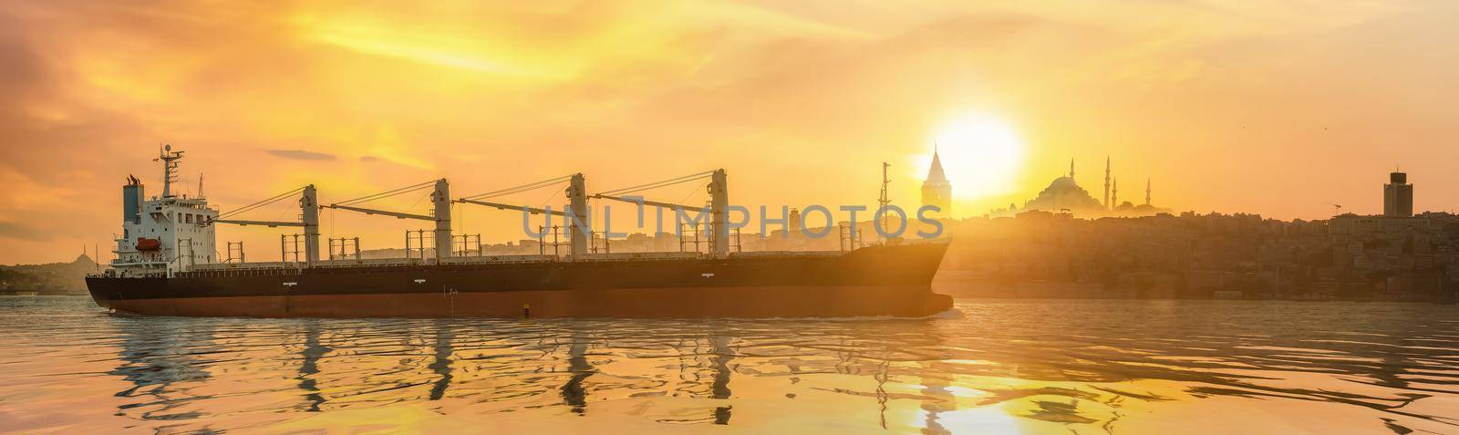 View on tanker in Bosphorus and cityscape of Istanbul, Turkey
