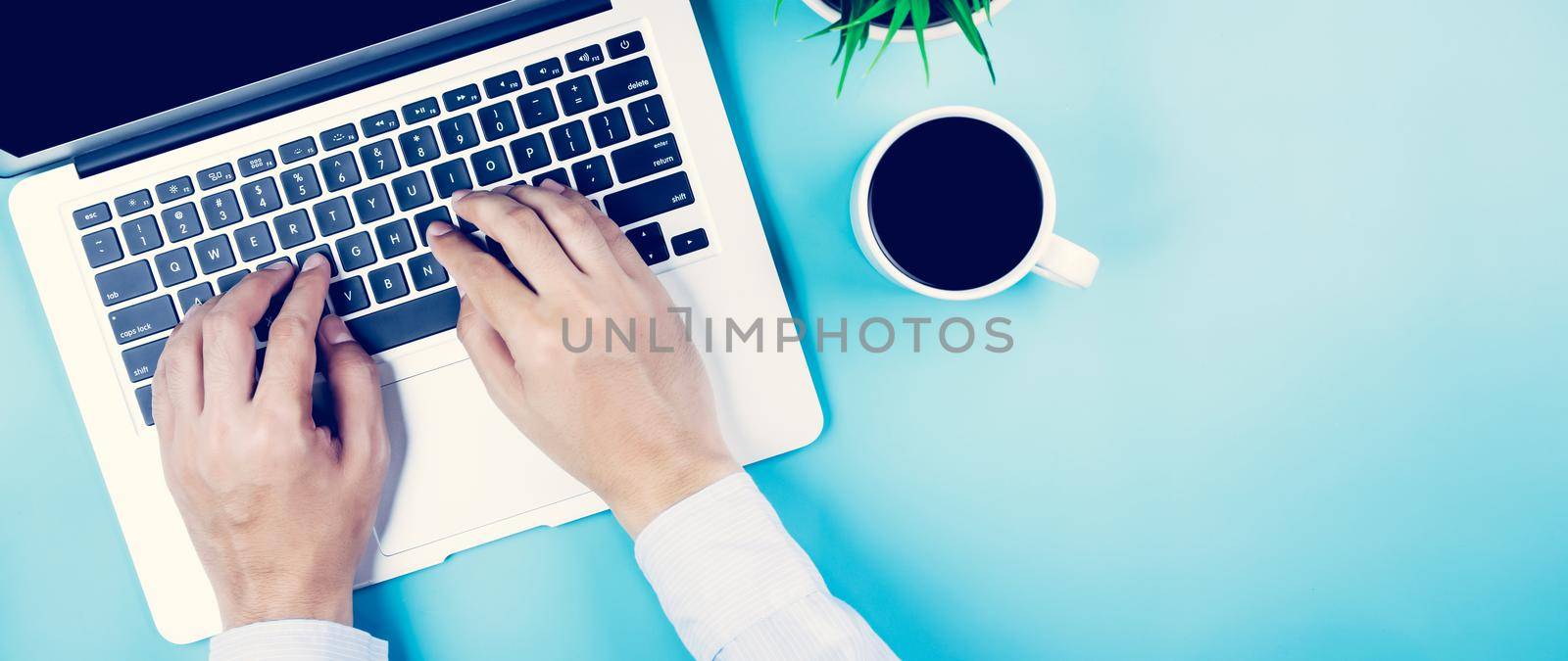 Flat lay, hand of businessman working on Laptop computer with plant and cup of coffee on desk in office, workplace and notebook and potted tree, workspace and copy space, top view, business concept. by nnudoo