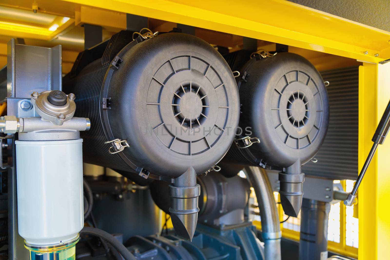 Internal details of portable compressors close-up. Compressors for power generation