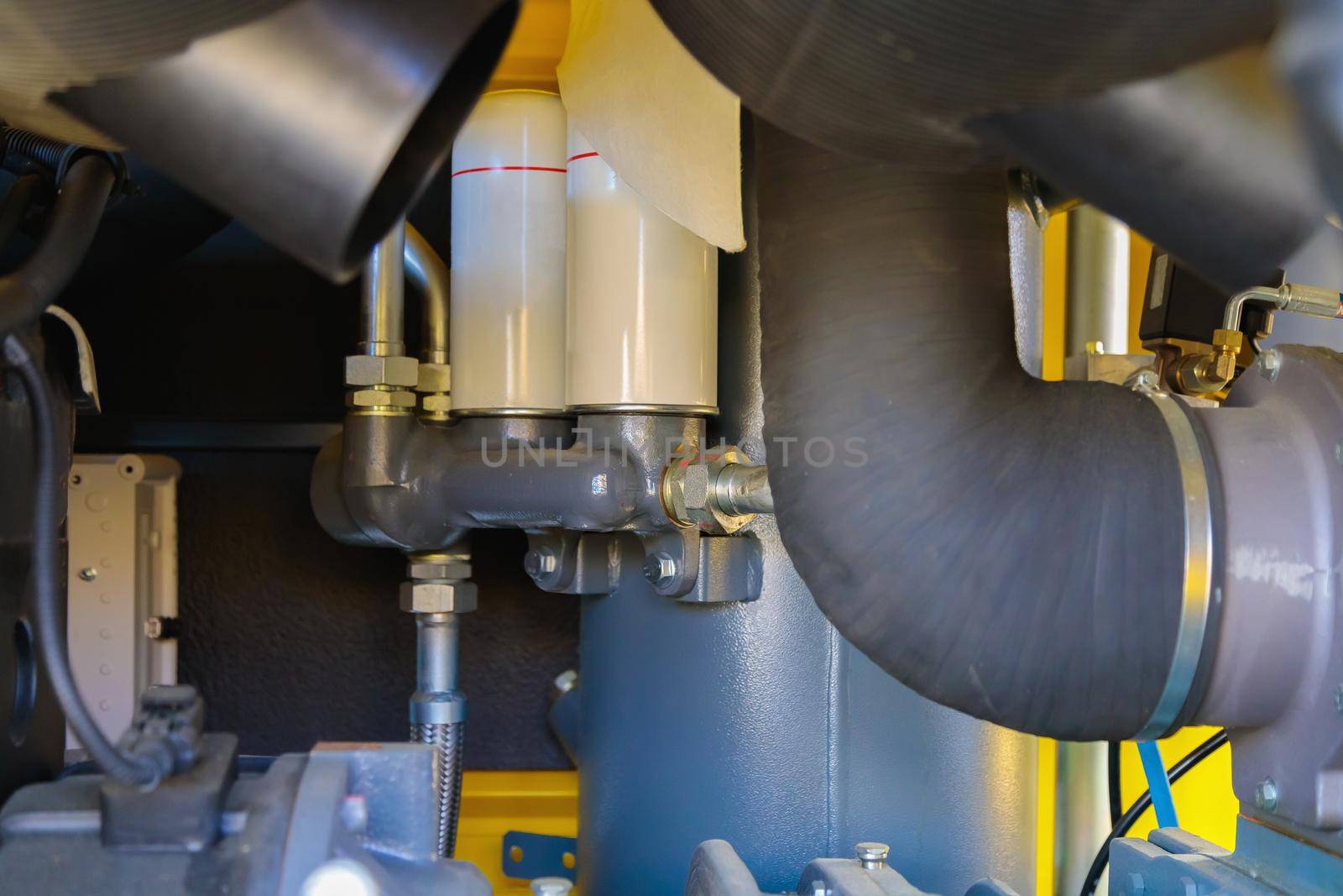 Internal details of portable compressors close-up. Compressors for power generation