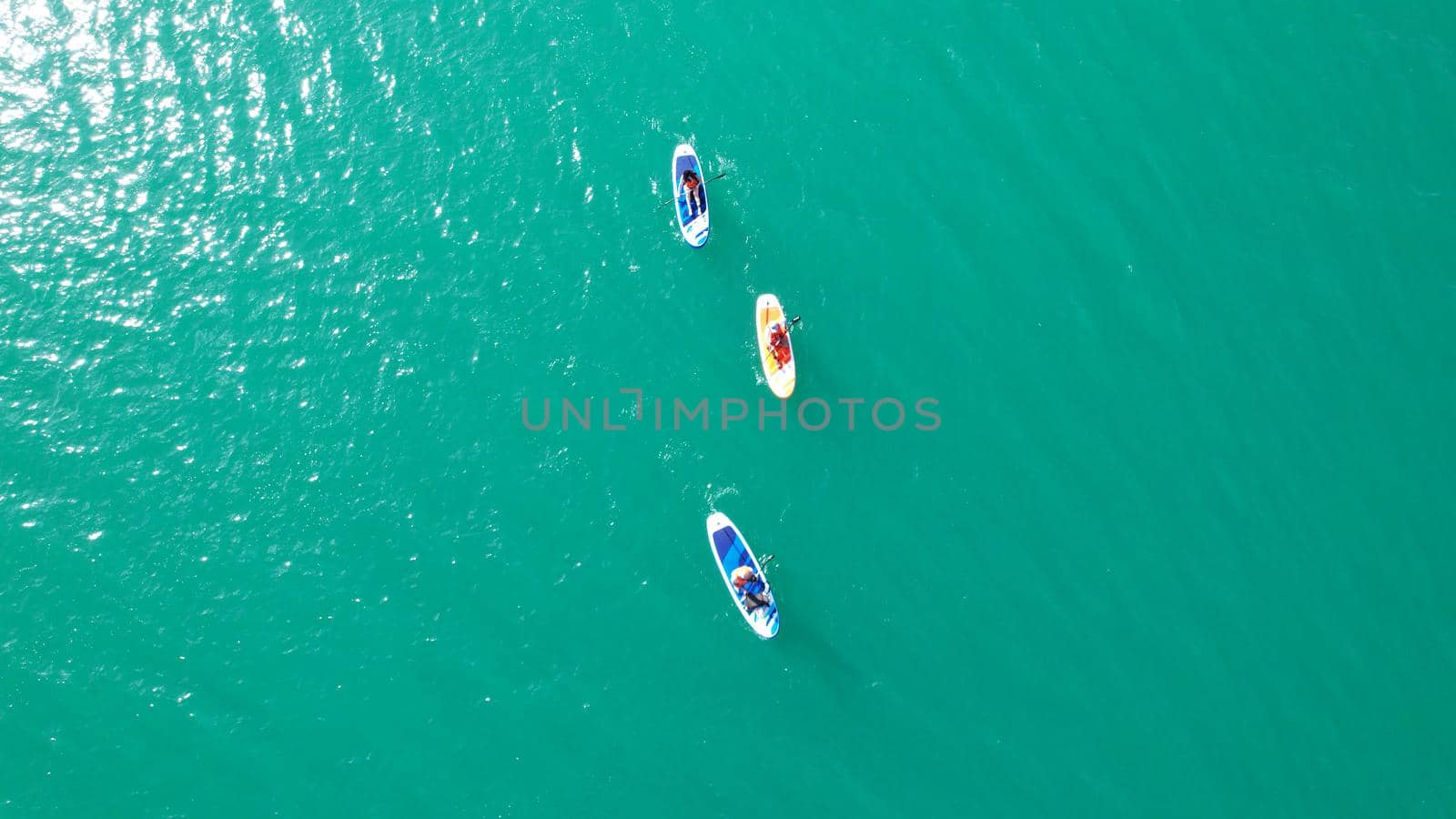 A group of people ride sup surfing in the lake. Aerial view from the drone of the green water and rocky beaches. Inflatable sapboard board. Trees and bushes grow on the bank of Kapchagai.