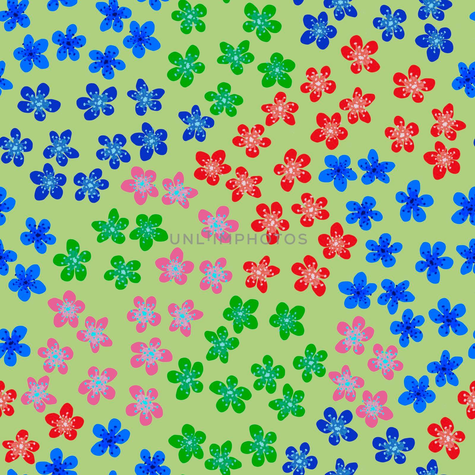 Seamless pattern with blossoming Japanese cherry sakura for fabric, packaging, wallpaper, textile decor, design, invitations, print, gift wrap, manufacturing. Colored flowers on light green background