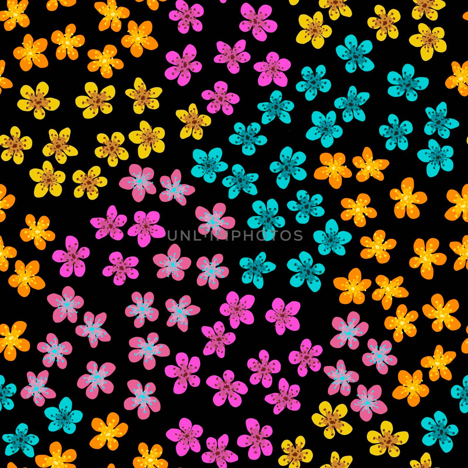 Seamless pattern with blossoming Japanese cherry sakura for fabric, packaging, wallpaper, textile decor, design, invitations, print, gift wrap, manufacturing. Colored flowers on black background