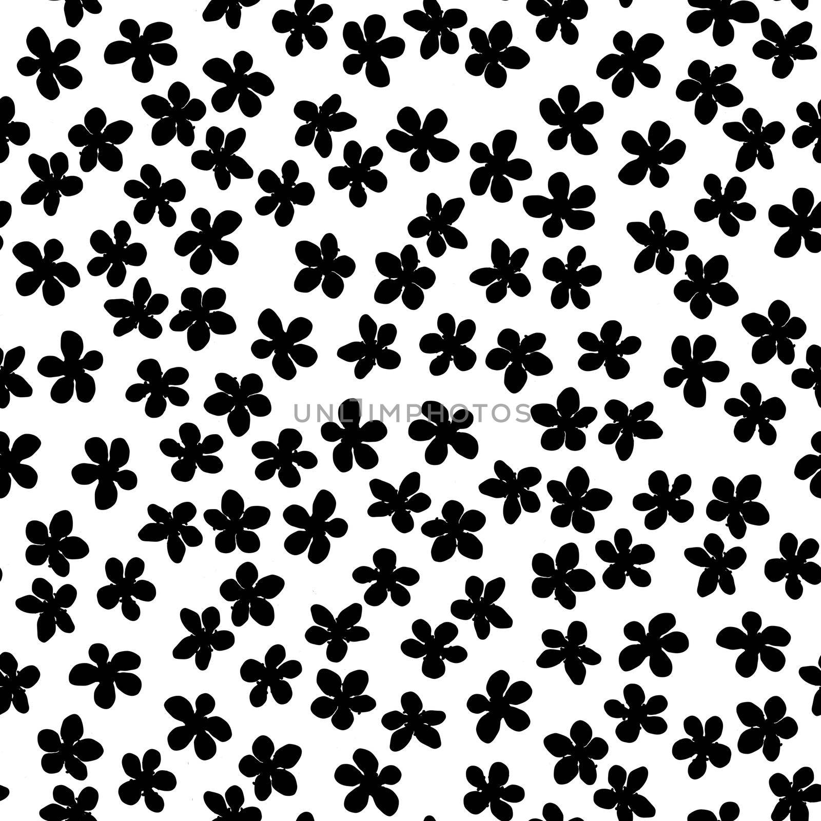 Seamless pattern with blossoming Japanese cherry sakura for fabric, packaging, wallpaper, textile decor, design, invitations, print, gift wrap, manufacturing. Black flowers on white background. by Angelsmoon
