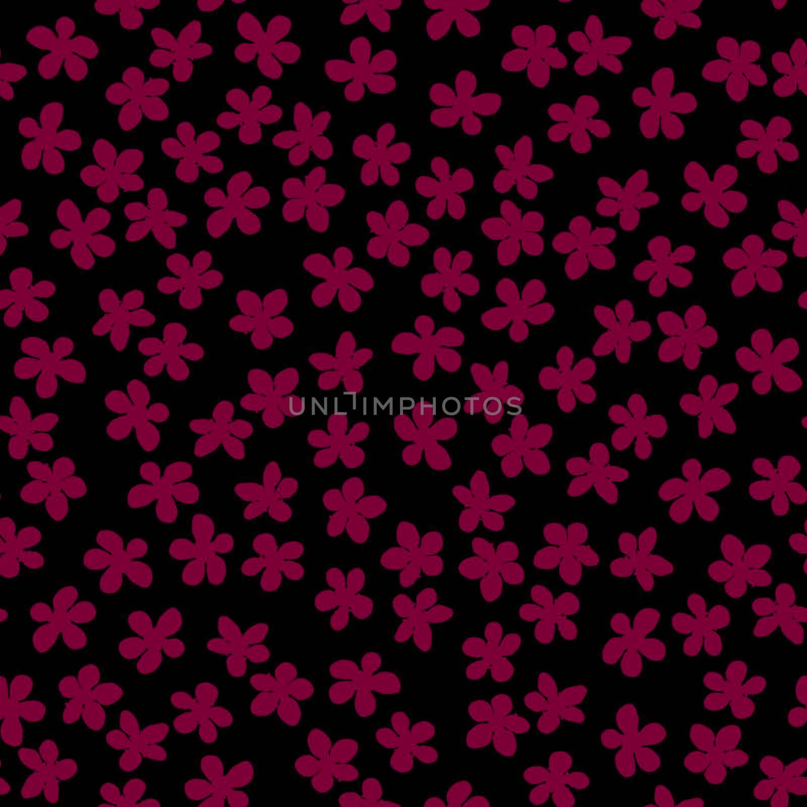Seamless pattern with blossoming Japanese cherry sakura for fabric, packaging, wallpaper, textile decor, design, invitations, print, gift wrap, manufacturing. Fuchsia flowers on black background. by Angelsmoon