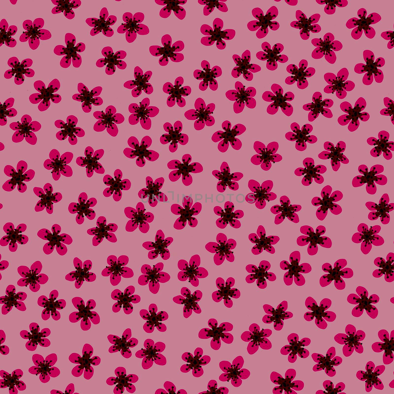 Seamless pattern with blossoming Japanese cherry sakura for fabric, packaging, wallpaper, textile decor, design, invitations, print, gift wrap, manufacturing. Fuchsia flowers on pink background. by Angelsmoon
