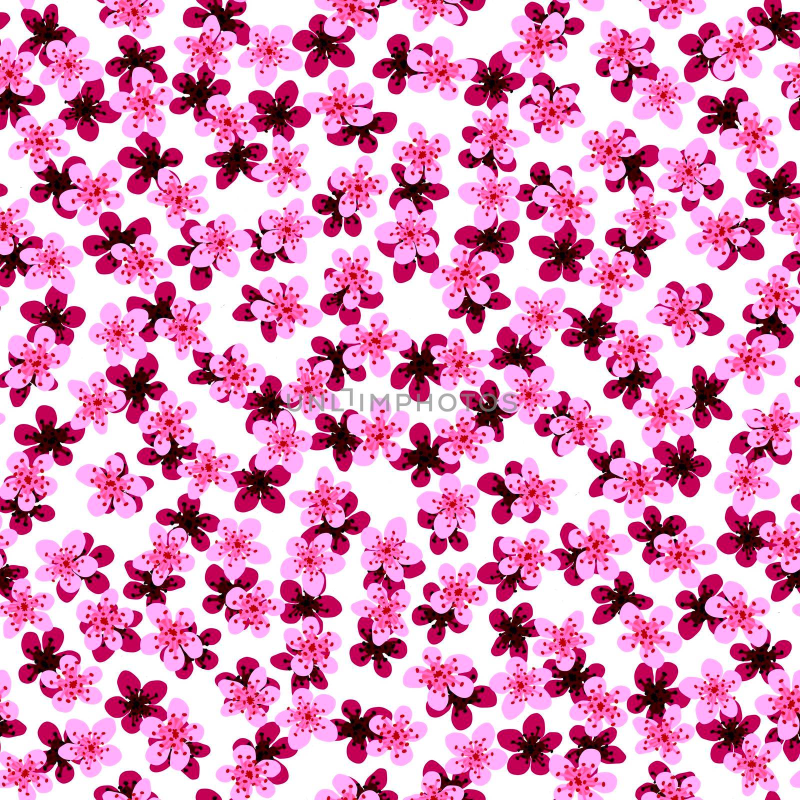 Seamless pattern with blossoming Japanese cherry sakura for fabric,packaging,wallpaper,textile decor,design, invitations,print,gift wrap,manufacturing.Pink and maroon flowers on white background
