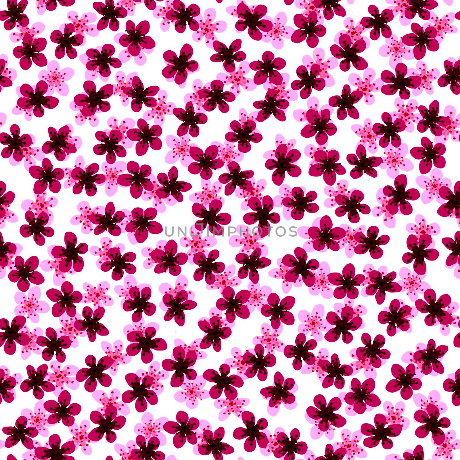 Seamless pattern with blossoming Japanese cherry sakura for fabric,packaging,wallpaper,textile decor,design, invitations,print,gift wrap,manufacturing.Pink and maroon flowers on white background