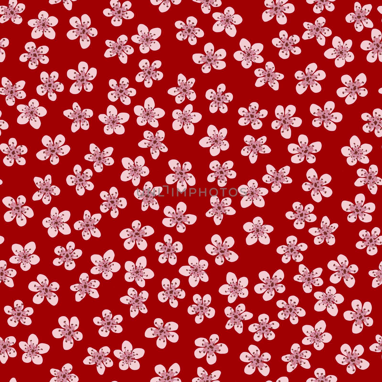 Seamless pattern with blossoming Japanese cherry sakura for fabric, packaging, wallpaper, textile decor, design, invitations, print, gift wrap, manufacturing. Pink flowers on red background. by Angelsmoon
