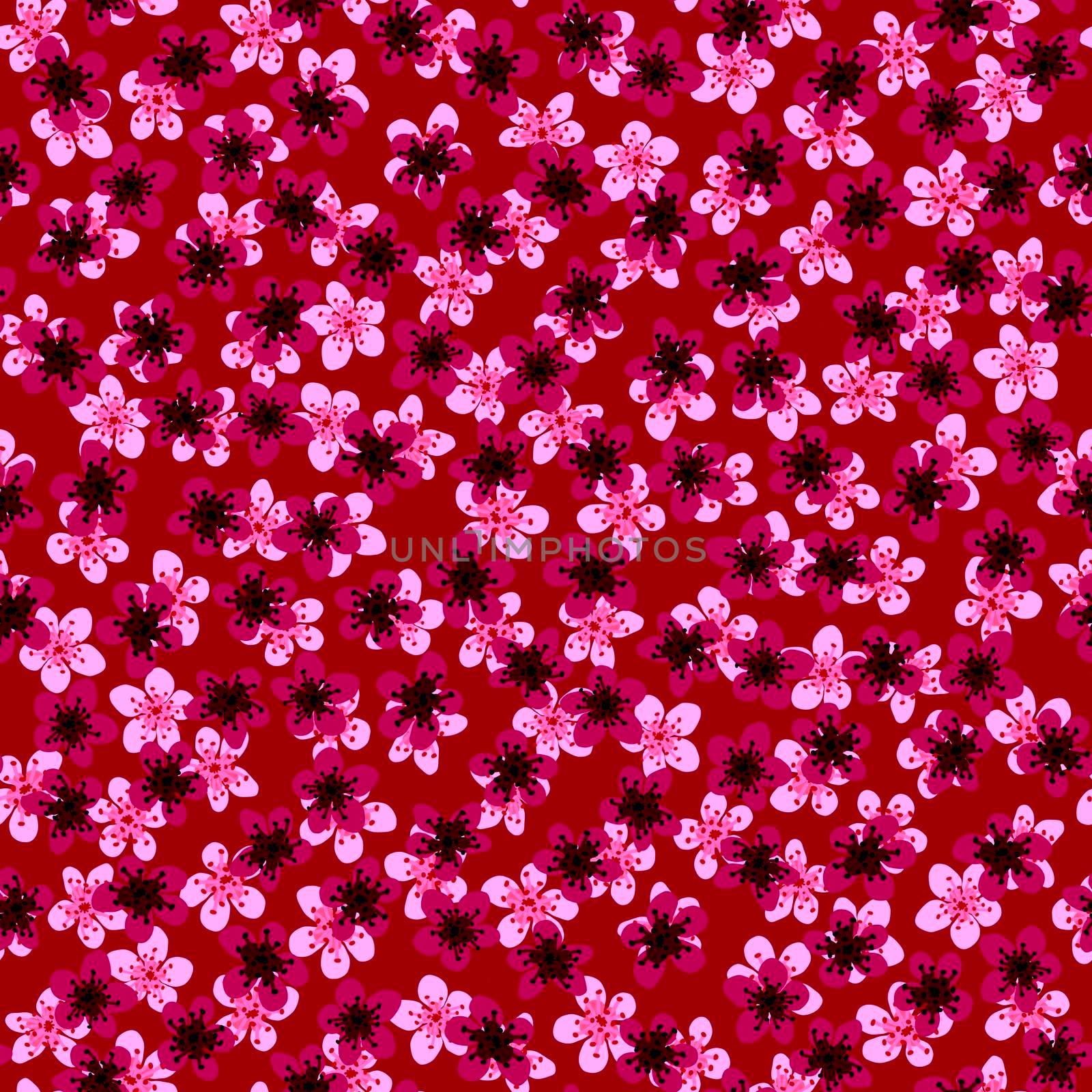 Seamless pattern with blossoming Japanese cherry sakura for fabric,packaging,wallpaper,textile decor,design, invitations,print,gift wrap,manufacturing.Pink and fuchsia flowers on red background