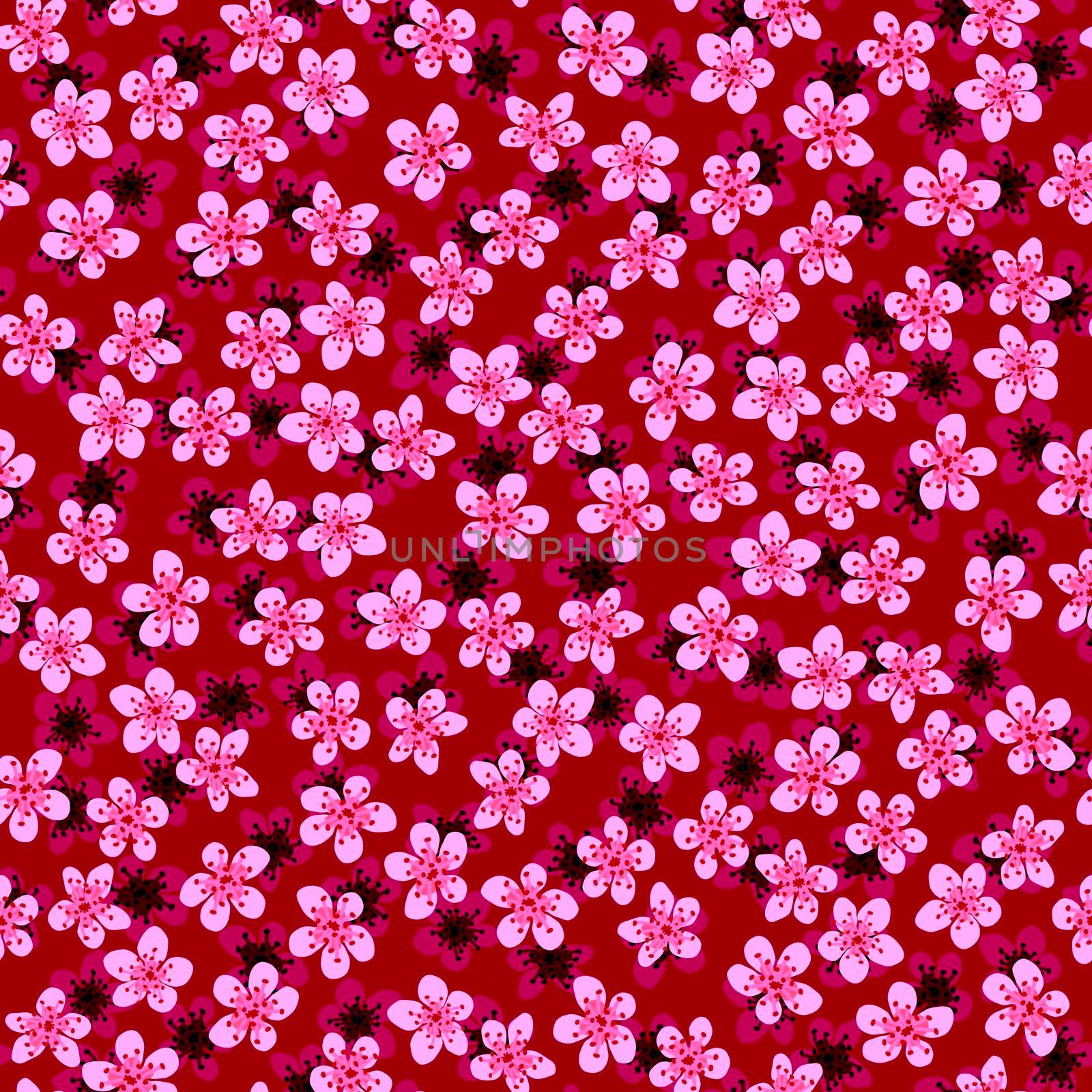 Seamless pattern with blossoming Japanese cherry sakura for fabric,packaging,wallpaper,textile decor,design, invitations,print,gift wrap,manufacturing.Pink and fuchsia flowers on red background